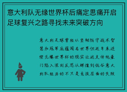 意大利队无缘世界杯后痛定思痛开启足球复兴之路寻找未来突破方向 意大利队无缘世界杯后痛定思痛开启足球复兴之路寻找未来突破方向